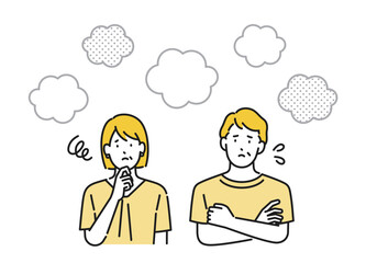 イラスト素材：何かに困っているシニア夫婦、上半身イラスト