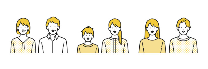 イラスト素材: シニア夫婦、シングルマザーの親子、若い男女の上半身の人物イラストセット