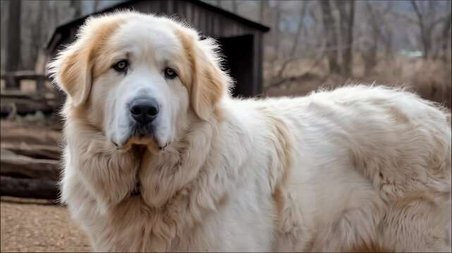 Portrait of a fluffy white Great Pyrenees dog with tan markings in a rural, rustic outdoor setting with wooden structures in the background