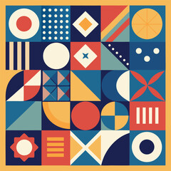 Geometric pattern vector background with Scandinavian abstract color or Swiss geometry prints of rectangles, squares and circles shape design