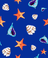 Seamless background with marine elements. Starfish, seashells and an anchor rope. Vintage drawing for marine design. Vector.