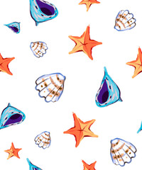 Seamless background with marine elements. Starfish, seashells and an anchor rope. Vintage drawing for marine design. Vector.