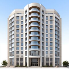 Tall apartment building facade view on white background
