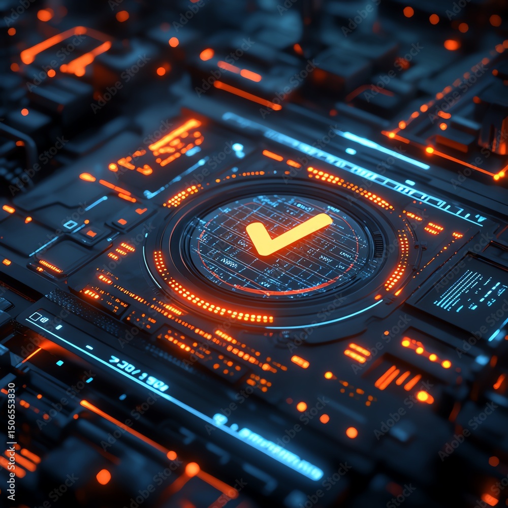 Poster futuristic digital interface with glowing check mark in checklist