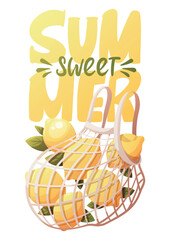 Summer card design with lemons in a reusable net bag. "Sweet Summer" Handwritten lettering. Vector illustration for card, postcard, poster, banner.
