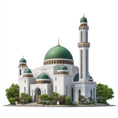 Mosque with green domes isolated on white background