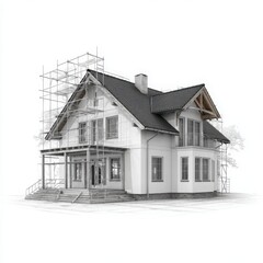 House with scaffolding construction on white background