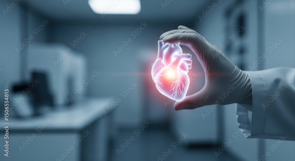 Poster hand of scientist holding artificial intelligence heart in laboratory. cardiologist research and dev
