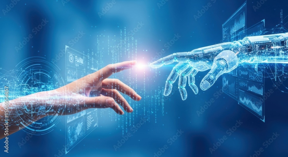 Aufkleber human hand and robot hand touching, symbolizing artificial intelligence convergence. digital interfa