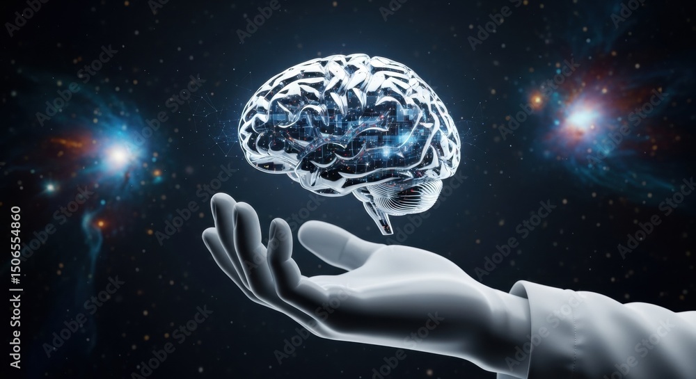 Poster robotic hand holding a transparent brain with digital data connections. artificial intelligence neur