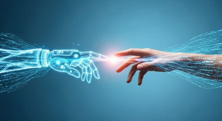 Human hand and ai robot arm touching with glowing light, representing connection and innovation, future technology and digital growth.