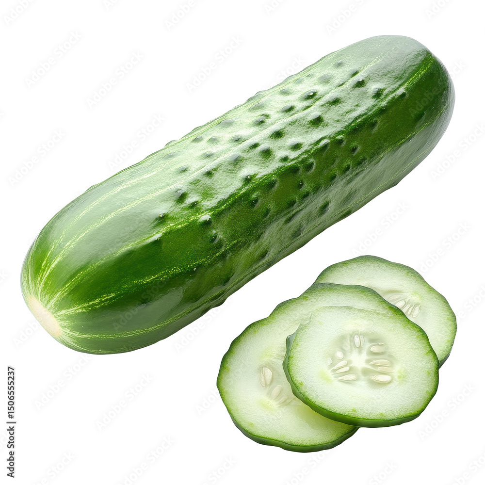 Poster fresh cucumber with slices isolated on a transparent background perfect for healthy recipes and sala