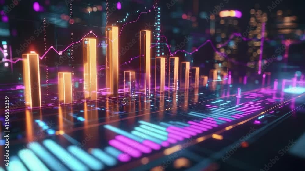Poster A vibrant digital 3D bar graph and line chart visualizing financial data in a futuristic, neon-lit environment.