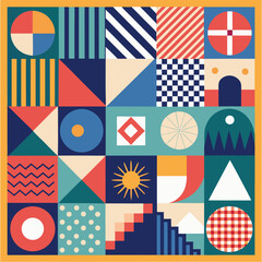 Geometric pattern vector background with Scandinavian abstract color or Swiss geometry prints of rectangles, squares and circles shape design
