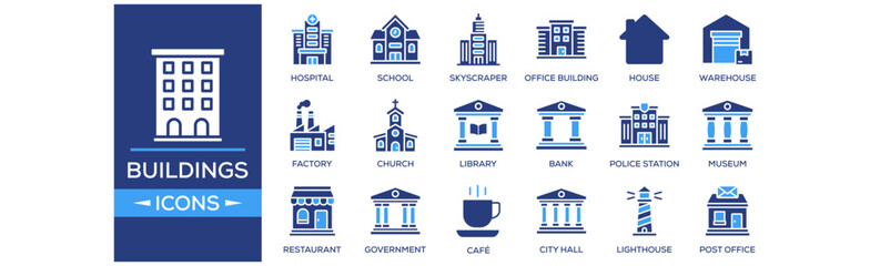 Buildings icon collection set. Containing design Hospital, School, Skyscraper, Office Building, House. Solid icon collection.
