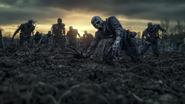 A group of zombies emerge from the ground in a dark, eerie graveyard at sunset, reaching menacingly toward the camera.