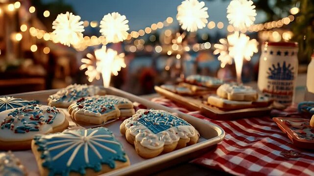 Festive cookies fireworks and summer night celebration