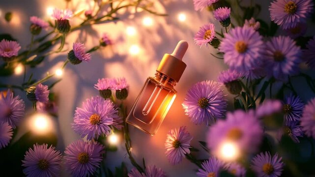 A bottle of perfume is sitting on a table next to a bunch of purple flowers. The bottle is made of glass and has a gold top. The flowers are purple and are scattered around the bottle