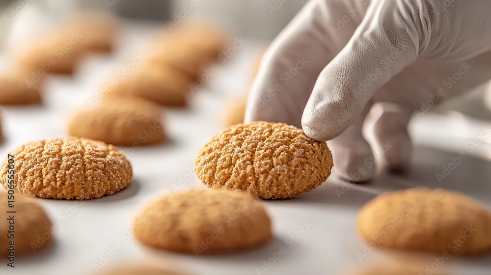 Poster gloved hand carefully arranges freshly baked cookies on tray, showcasing attention to detail and hyg