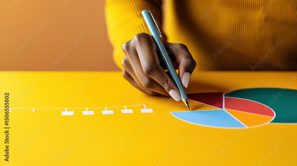 Poster person analyzing colorful pie chart on yellow table, using pen to point at data. scene conveys focus