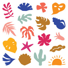 Hand Drawn Colorful Abstract Tropical Leaves Set.