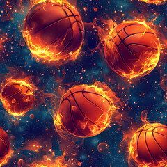 Obraz premium Fiery basketballs soar through cosmic skies