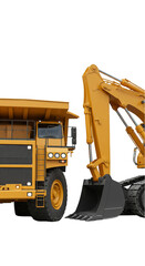 Large Yellow Excavator And Truck Isolated On Transparent Background Photo