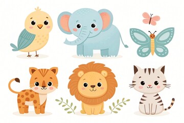 Naklejka premium Adorable Cartoon Animals Set Elephant Lion Cat Bird Butterflies Cute Wildlife Illustration