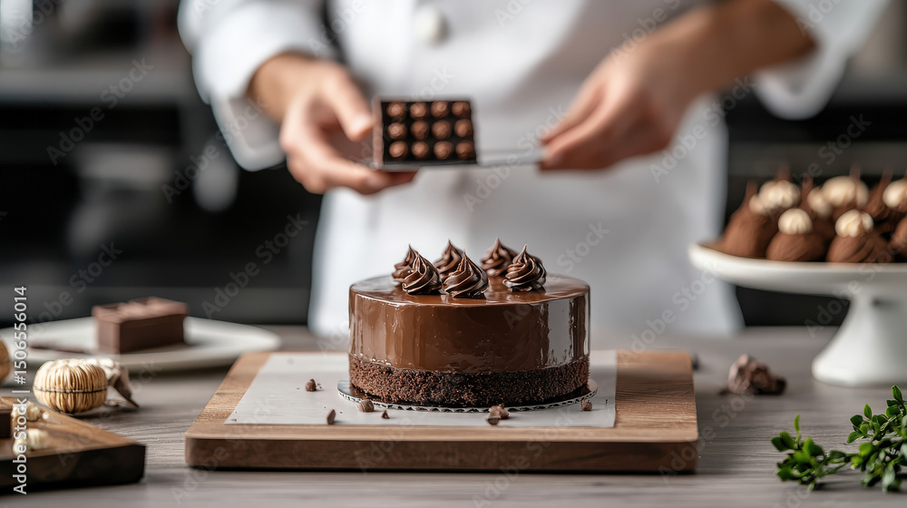 Poster Chocolate mousse cake with glossy mirror glaze is elegantly displayed on wooden board, surrounded by assorted chocolates. chef in background holds tray of chocolates