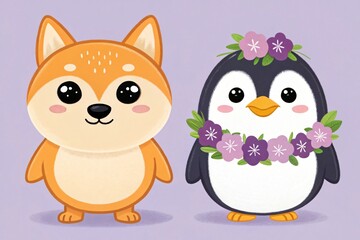 Adorable Cartoon Shiba Inu and Penguin with Flowers Cute Animal Illustration Children s Book
