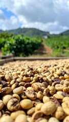  Close-up of dry coffee beans and a field or plantation background 
