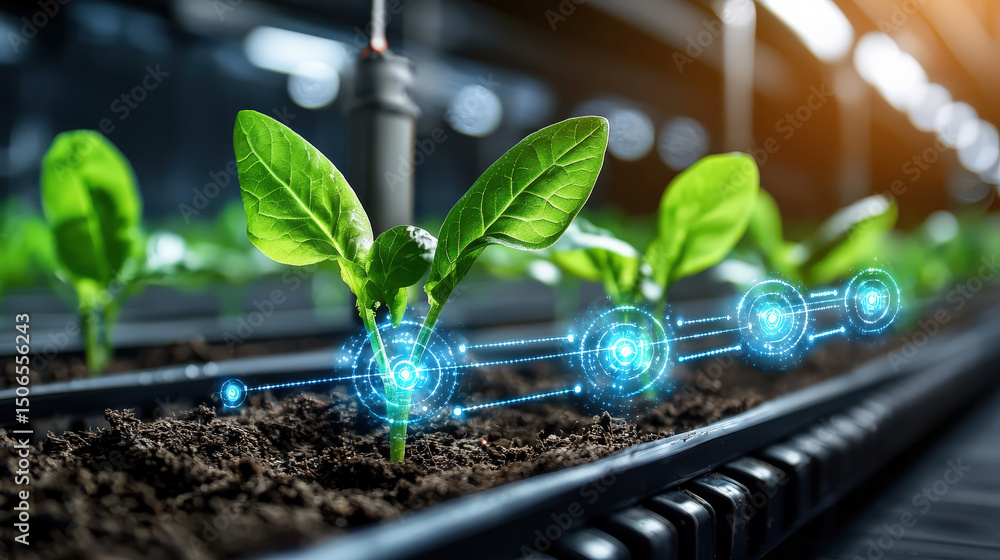 Poster young plants growing in greenhouse using advanced vertical farming techniques, enhanced by digital t