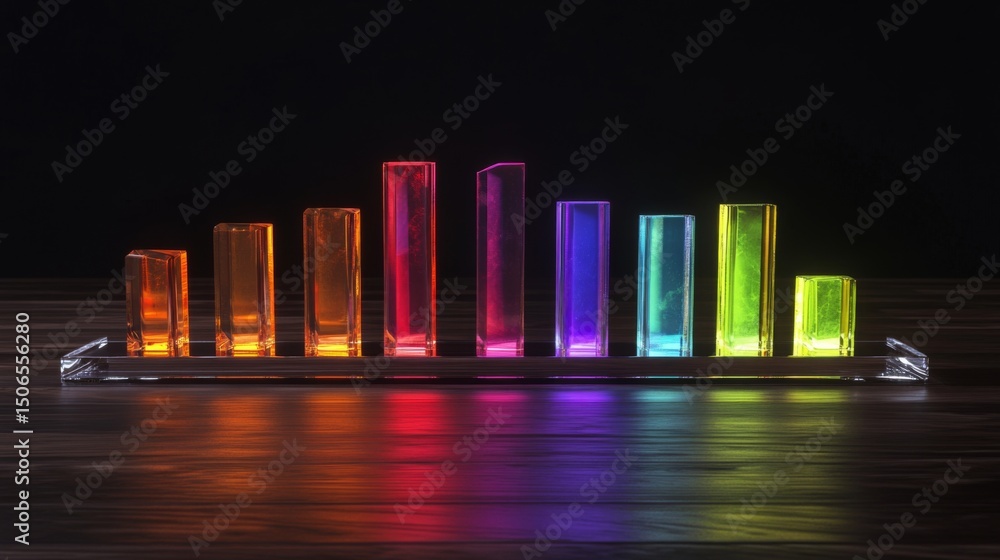Aufkleber d bar graph with vibrant colors, arranged in ascending order on a transparent glass base, with soft 