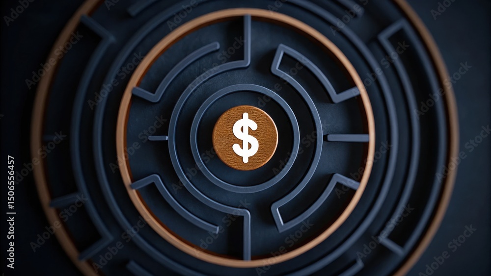 Poster a circular maze with a dollar sign at the center symbolizes the complexity of achieving financial su