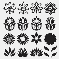 Geometric Garden: Abstract Floral Vectors & Botanical Icons, Flower shape vector, floral icon set, flowers vector silhouette, symmetrical floral patterns, lotus, petals, abstract blossoms.