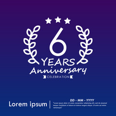 6th years anniversary celebration emblem. congratulations anniversary logo isolated with laurel wreath and stars and ribbon on dark blue background. vector illustration template design