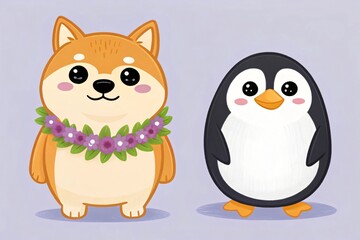 Adorable Shiba Inu Dog with Floral Lei and Penguin Cartoon Illustration