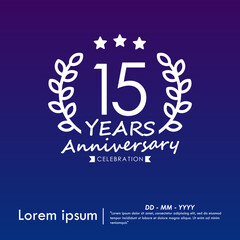 15th years anniversary celebration emblem. congratulations anniversary logo isolated with laurel wreath and stars and ribbon on dark blue background. vector illustration template design