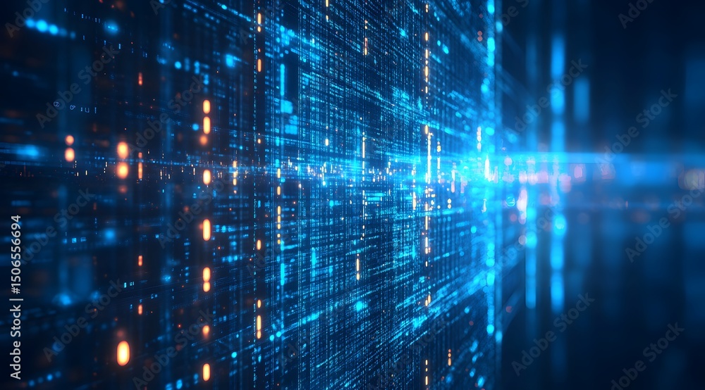 Poster blue background with speed lines and light streaks, representing fast data transfer in the digital