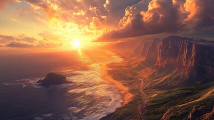 An aerial shot of a stunning coastal road with sweeping ocean views, dramatic cliffs, and the sun setting on the horizon, casting a golden glow.