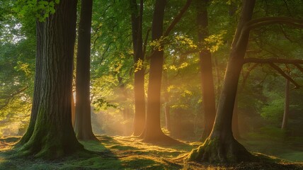 Nature Background with Sun Rays Breaking Through Trees