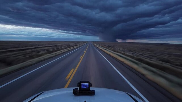 Storm chasers following tornado on empty road