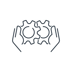 Corporate work, cooperation. Business integration, partnership. Combining capabilities. Vector linear icon illustration isolated on white background.