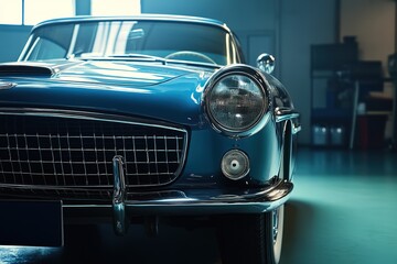 Detailed photograph capturing front section of classic retro vehicle, showcasing timeless elegance of vintage automotive design. Great for history features, car club websites and poster art