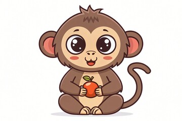 Fototapeta premium Adorable Cartoon Baby Monkey Holding Red Apple Cute Primate Illustration