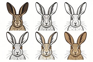 Obraz premium Six Detailed Hare Portraits Brown Beige Black White Line Art Illustrations