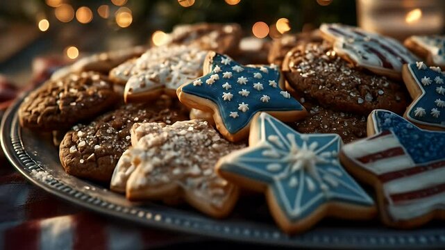 Festive star shaped cookies on rustic wooden platter
