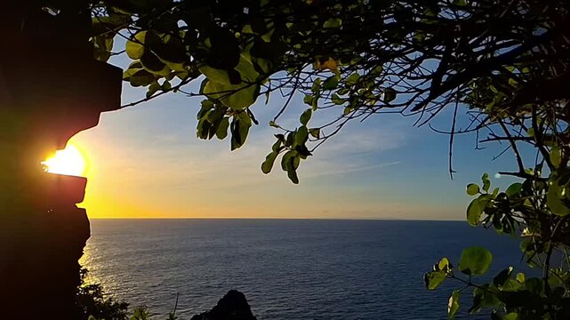 The golden hour breeze softly sways the tree branches and leaves, set against the tranquil blue ocean in the late afternoon