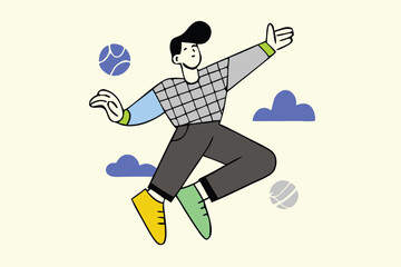 Minimalist Jumping Character Illustration – Modern Cartoon Style, Bold Colors, Floating Person with Abstract Clouds for Tech Branding, Editorial, and App Design.