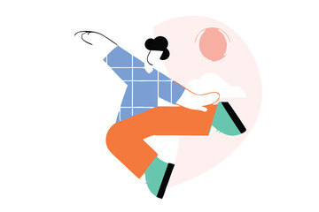 Minimalist Jumping Character Illustration – Modern Cartoon Style, Bold Colors, Floating Person with Abstract Clouds for Tech Branding, Editorial, and App Design.